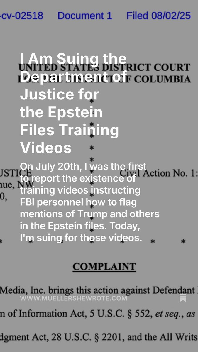 I am suing the Department of Justice for the training videos instructing FBI personnel to flag mentions of Donald Trump in the Epstein files. My latest: muellershewrote.com/p/i-am-suing-t…