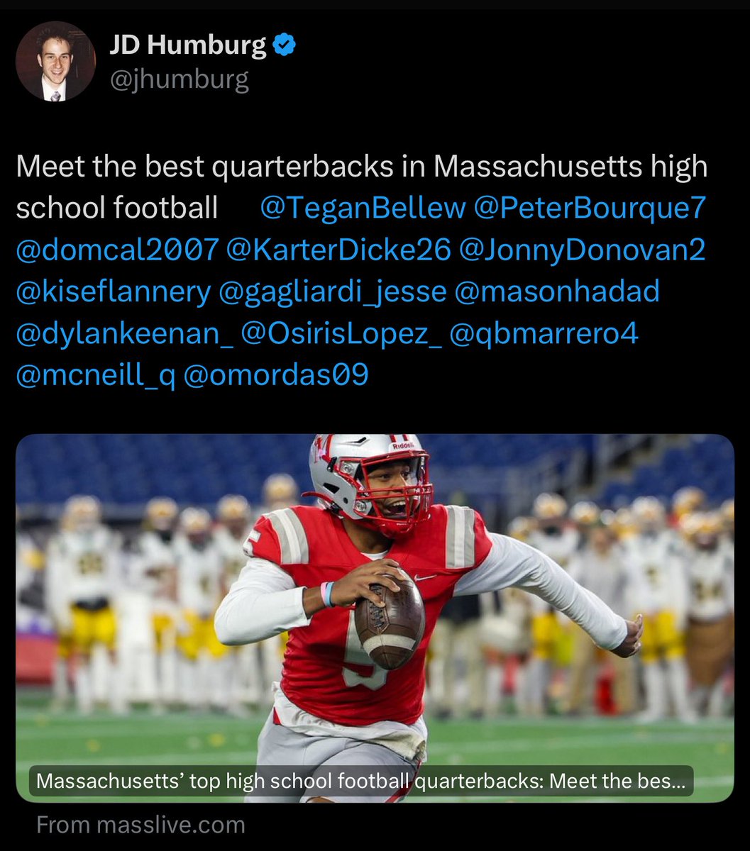 Thank you <a href="/jhumburg/">JD Humburg</a> and <a href="/MassLiveHS/">MassLive HS Sports</a> for noting me as a top passer in the state, and for the write up in an article for this up coming season!
<a href="/CoachSen_SJ/">Gary Senecal</a> <a href="/SaintJohnsFB/">Saint John's HS Football</a> <a href="/NE6FB_Recruits/">NE-Recruits</a>