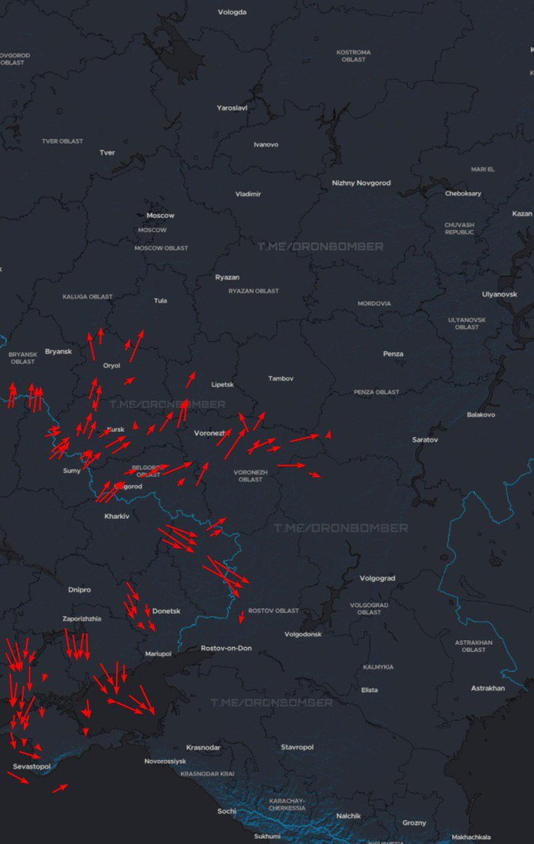 🇺🇦23:00 | 03/08

Approximate flight routes of our UAVs:

🔴 Red arrow – directions of loitering munition/strike UAVs;

All information regarding the routes is taken from Russian sources.