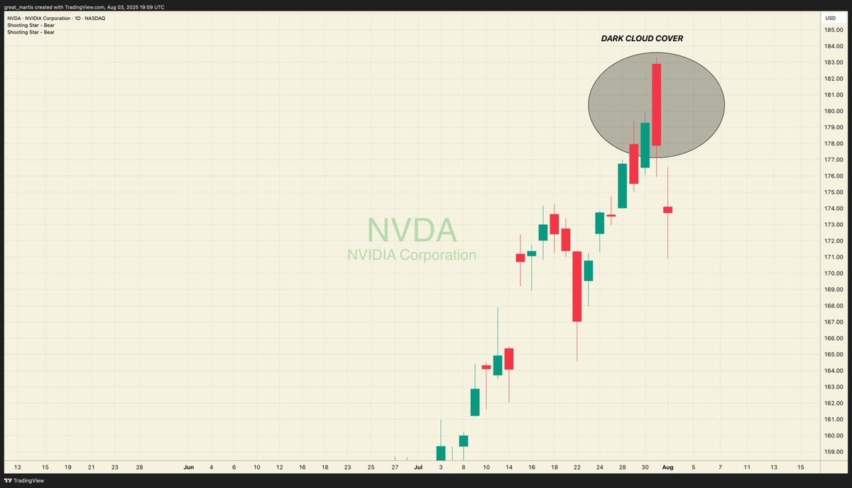 NVIDIA

Dark Cloud Cover.

Bearish reversal candle depicted.

This not good.
This very bad.