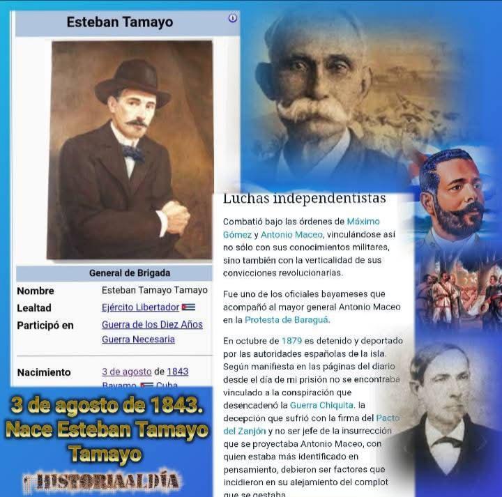 Intendente (@intendente35933) on Twitter photo Este 3 de agosto evocamos al General de Brigada Mambí, Esteban Tamayo Tamayo en el aniversario de su natalicio.
#CubaViveEnSuHistoria
#SanctiSpíritusEnMarcha
#Taguasco
<a href="/DeivyPrezMartn1/">Deivy Pérez Martín</a> <a href="/DiazCanelB/">Miguel Díaz-Canel Bermúdez</a> <a href="/PartidoPCC/">Partido Comunista de Cuba</a> <a href="/AlexisLorente74/">Alexis Lorente Jiménez</a> <a href="/DrRobertoMOjeda/">Dr. Roberto Morales Ojeda</a> Este 3 de agosto evocamos al General de Brigada Mambí, Esteban Tamayo Tamayo en el aniversario de su natalicio.
#CubaViveEnSuHistoria
#SanctiSpíritusEnMarcha
#Taguasco
<a href="/DeivyPrezMartn1/">Deivy Pérez Martín</a> <a href="/DiazCanelB/">Miguel Díaz-Canel Bermúdez</a> <a href="/PartidoPCC/">Partido Comunista de Cuba</a> <a href="/AlexisLorente74/">Alexis Lorente Jiménez</a> <a href="/DrRobertoMOjeda/">Dr. Roberto Morales Ojeda</a>