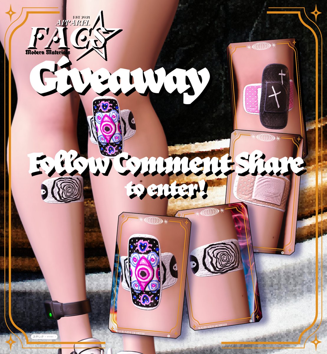 🧿Nazar Knee Bandaids Giveaway!🧿
Retweet, and leave your username for a chance to win.
2 winners will be selected in a week. 
Rigged to Reborn, Legacy (F, M, and Athletic)

They'll be coming to Kawaii Secrets on the 4th