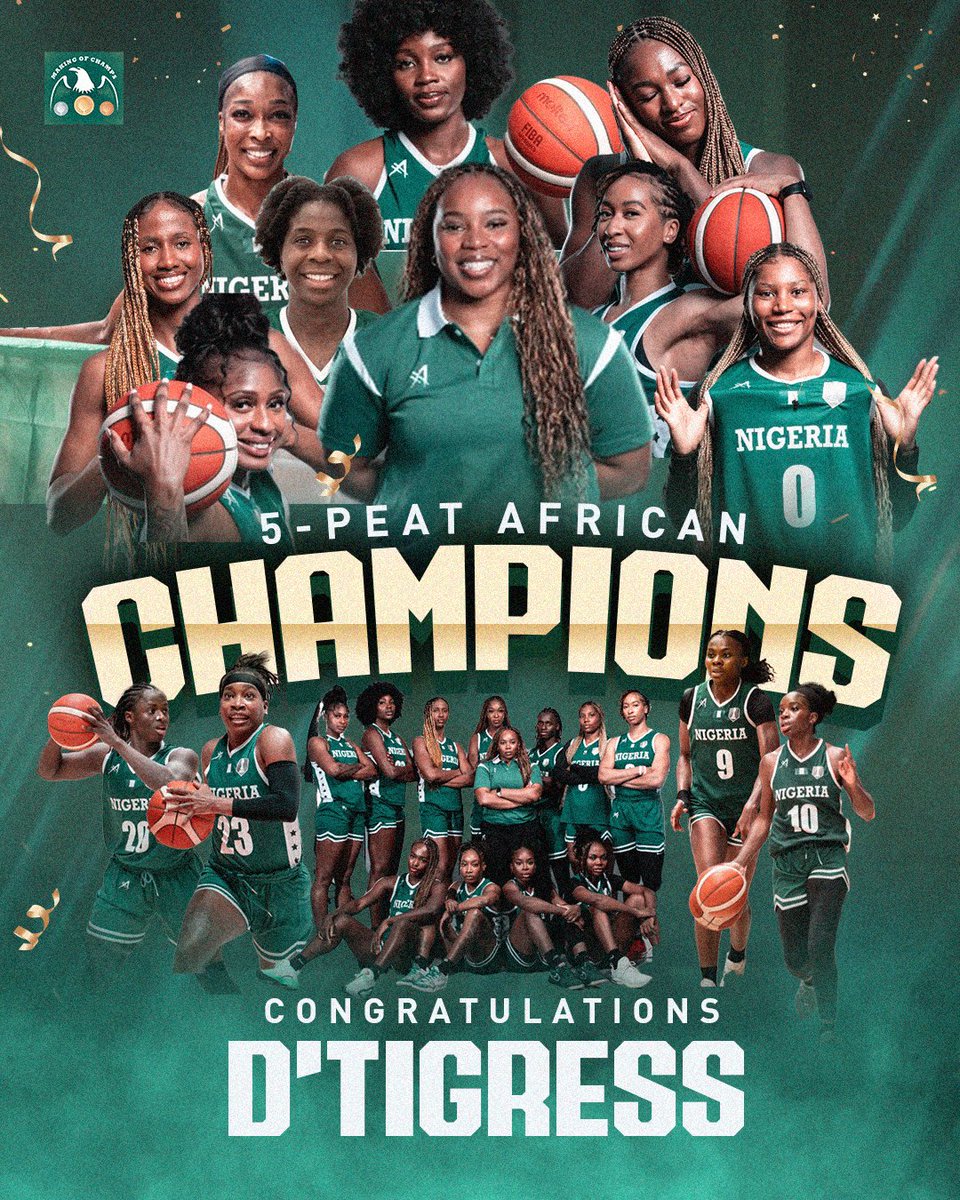 Five consecutive Afrobasket women champion🏆D'Tigress! 

PBAT, please do your thing!