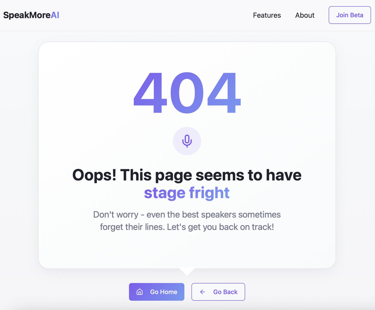 We had a bit of fun making a custom 404 page today, now it's time to get back to the app development. speakmore.ai/404

#buildinpublic #shipaton #speakingcoach