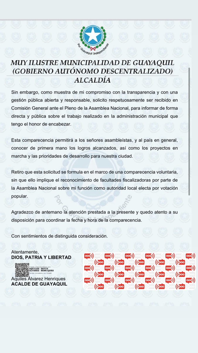 El Alcalde <a href="/aquilesalvarez/">Aquiles Alvarez Henriques</a> solicita comparecer al pleno de la
Asamblea Nacional , para informar sobre su gestión en la  <a href="/alcaldiagye/">Muy Ilustre Municipalidad de Guayaquil</a> 👇🏻 #transparencia #gestion