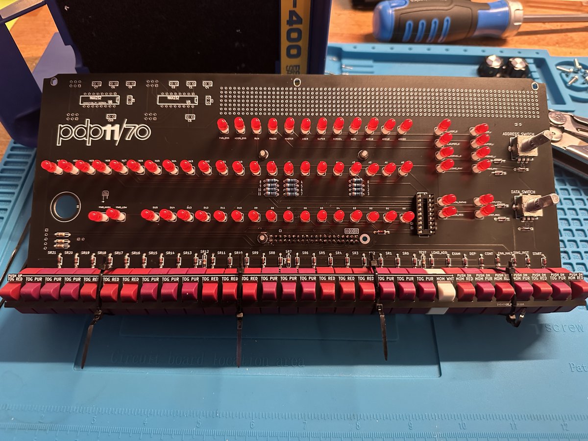 dafydd_rees's tweet image. So on a PiDP-11 there are purple, red and white switches. Some are toggles and some are momentary. Some switch up but others go down. Aligning and soldering them was quite a trial of patience... #pidp11