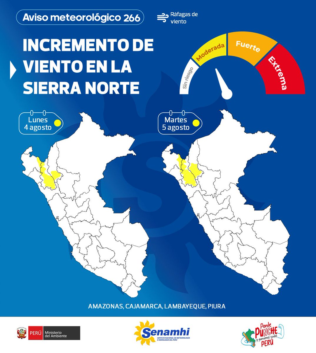 📢Atención #AMAZONAS #CAJAMARCA #LAMBAYEQUE Y #PIURA  #SENAMAHI informa sobre incremento de velocidad del viento en la Sierra norte del Perú.
📆Fecha: Del 4 al 5 de agosto
Tomar sus precauciones.
#DefensaCivil tarea de todos.
#Brigada141120 #B141120