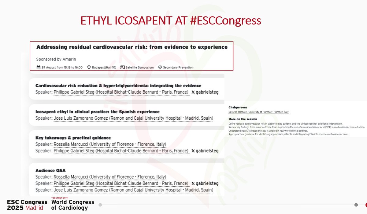 ETHYL ICOSAPENT
✍️5 #ESCcongress sessions adressing #ipe 
✍️From REDUCE-IT to CALLINICUS-Helias
✍️Building best preventive strategy includes presentations on
. Bempedoic Acid
. Inclisiran
. Omega 3 (STRENGTH)
✍️Schedule your meeting at #ESC365 esc365.escardio.org/ESC-Congress/p…
#WCCardio