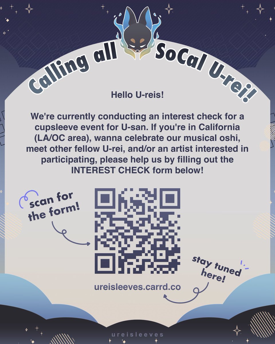 #dear_u_san 💙🖤🤍
🎶🎵 Calling all U-rei! 🎵🎶
We're currently conducting an INTEREST CHECK to see where fans in California wanna celebrate U-san together! If you're interested in any way, please fill out the form below!! ⬇️