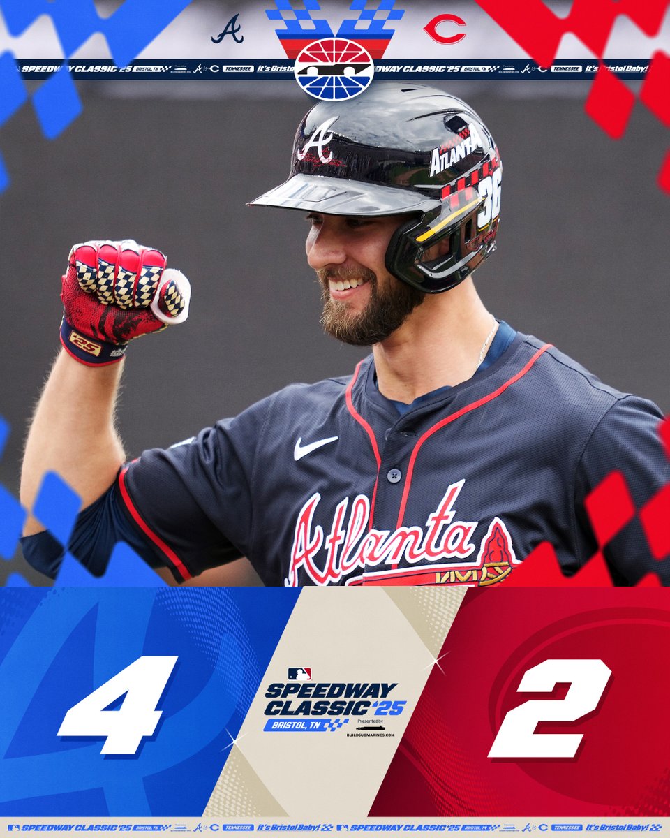 MLB's tweet image. Eli White homers twice, Hurston Waldrep picks up his first Major League win, and the @Braves emerge triumphant in the #SpeedwayClassic!
