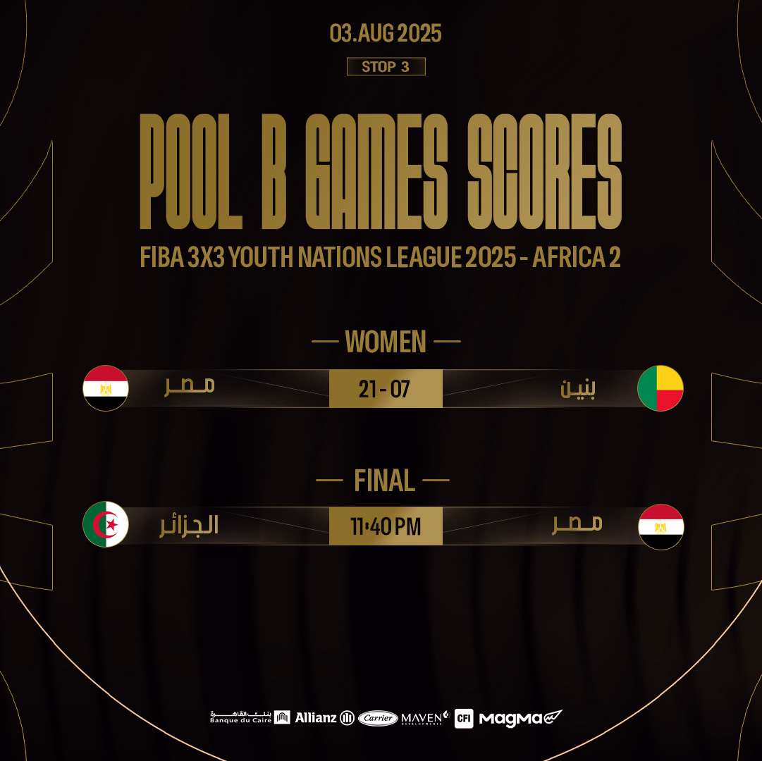 الشابات إلى نهائي التوقف الثالث 🤩🔝

منتخب شابات مصر ينهي دور المجموعات في التوقف الثالث بالفوز بنتيجة 21-7 على منتخب بنين 🇪🇬✅

منتخبنا يواجه منتخب الجزائر في النهائي في تمام الساعة 11:40 مساءً 🇩🇿⏳

#EBF | #الاتحاد_المصري_لكرة_السلة
#3X3NL