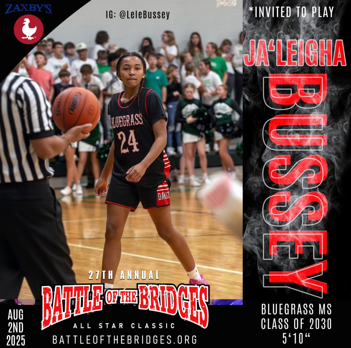 Congrats to Ja’Leigha Bussey on being named MVP of the Battle of the Bridges Kentucky vs. Indiana Basketball Class of 2030 All-Star Game! Ja’Leigha is an incoming 8th grader at Bluegrass and will play for the Lady Bulldogs Varsity Team. #jhhsfamily #jhhsabovetheline