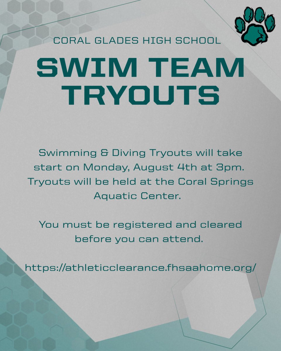 JagNation, it's hot outside, and it is time to get back in the pool.  Swim Team tryouts start on Monday at 3pm at the Coral Springs Aquatic Center, across the street from school.  Make sure that you are completely cleared on athletic clearance website before attending tryouts.
