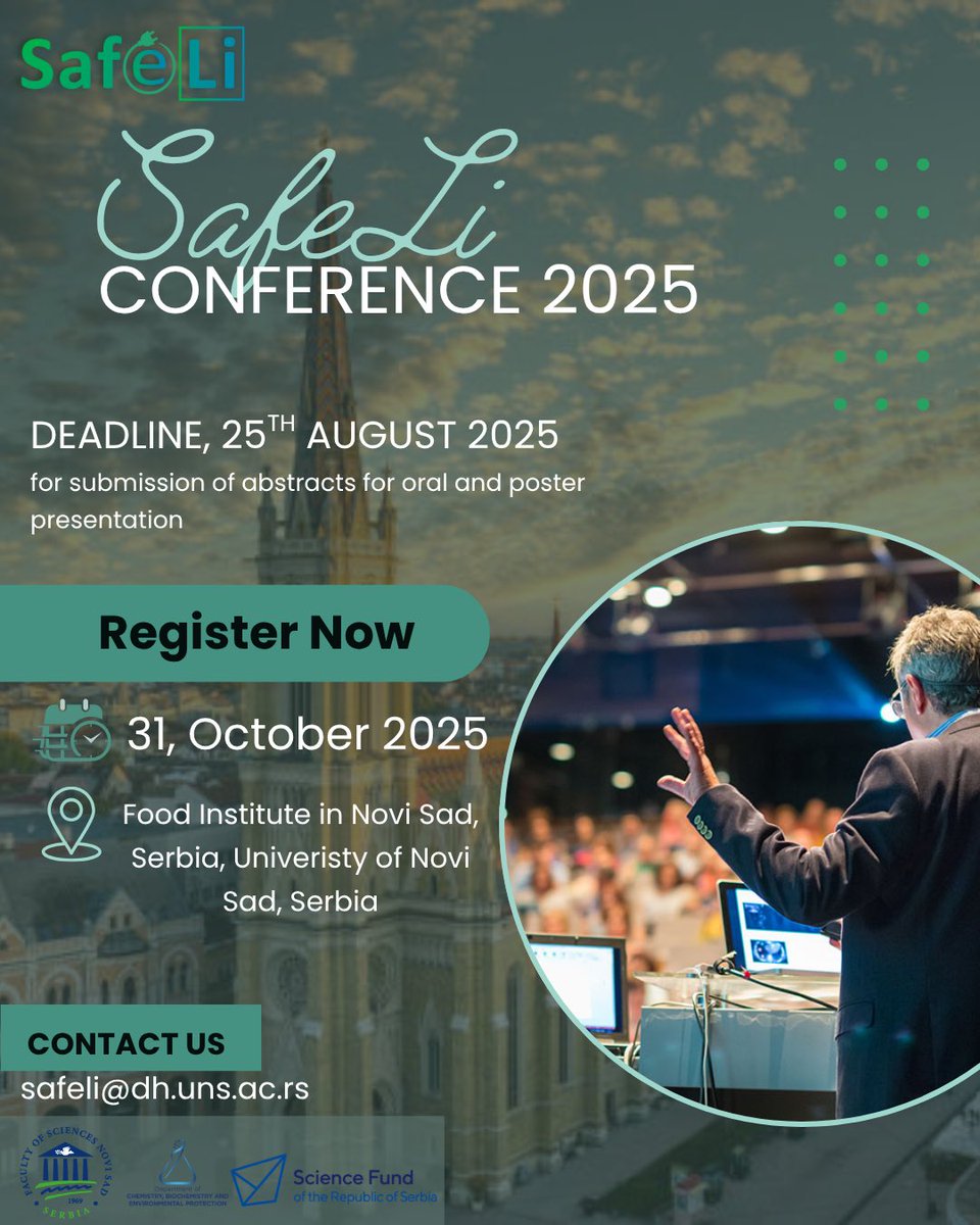 safeLi_project's tweet image. 🗓 𝐃𝐚𝐭𝐞: 31, October 2025
📍 𝐋𝐨𝐜𝐚𝐭𝐢𝐨𝐧: Food Institute in Novi Sad, Univesity of Novi Sad, Serbia 
📆 𝐑𝐞𝐠𝐢𝐬𝐭𝐫𝐚𝐭𝐢𝐨𝐧 𝐝𝐞𝐚𝐝𝐥𝐢𝐧𝐞: 25, August, 2025
You can register for the conference through the website: safeliproject.com/conference