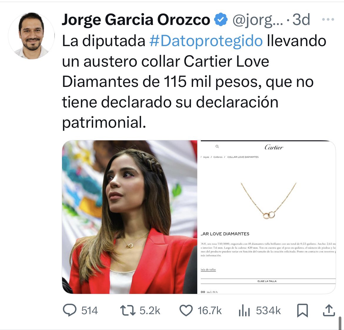 Hemos visto(hasta el momento) casi $900 mil pesos en joyas Cartier, ropa y accesorios de lujo no declarados en el patrimonio de la diputada #DatoProtegido  según documentó el periodista <a href="/jorgegogdl/">Jorge Garcia Orozco</a>.

Collares, relojes, anillos, bolsas y zapatos…
 
Un resumen: 
1. Collar Cartier