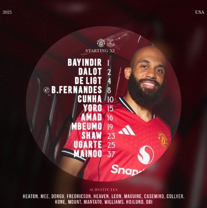 AHMAD —MANUNTD NEWS🔴⚪️⚫️ (@manunt1878) on Twitter photo #تشكيلة  مانشستر يونايتد ضد إيفرتون:
بايندير، يورو، دي ليغت، شو، عماد، أوغارتي، ماينو، دالوت، فرنانديز، مبيومو، كونها.
البدلاء: هيتون، مي، ماغواير، ماونت، هوجلوند، دورغو، كاسيميرو، هيفن، ليون، أوبي، فريدريكسون، كون، كولير، ويليامز، مانتاتو.
#MUFC #تشكيلة  مانشستر يونايتد ضد إيفرتون:
بايندير، يورو، دي ليغت، شو، عماد، أوغارتي، ماينو، دالوت، فرنانديز، مبيومو، كونها.
البدلاء: هيتون، مي، ماغواير، ماونت، هوجلوند، دورغو، كاسيميرو، هيفن، ليون، أوبي، فريدريكسون، كون، كولير، ويليامز، مانتاتو.
#MUFC