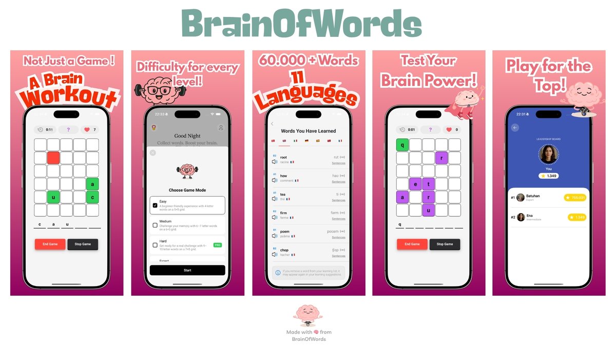 Yeni App'im BrainOfWords yayında 🎊 Hafızanı zorlayıp aynı zamanda 11 dilde kelime öğrenmek istiyorsan bu oyun tam sana göre 💯