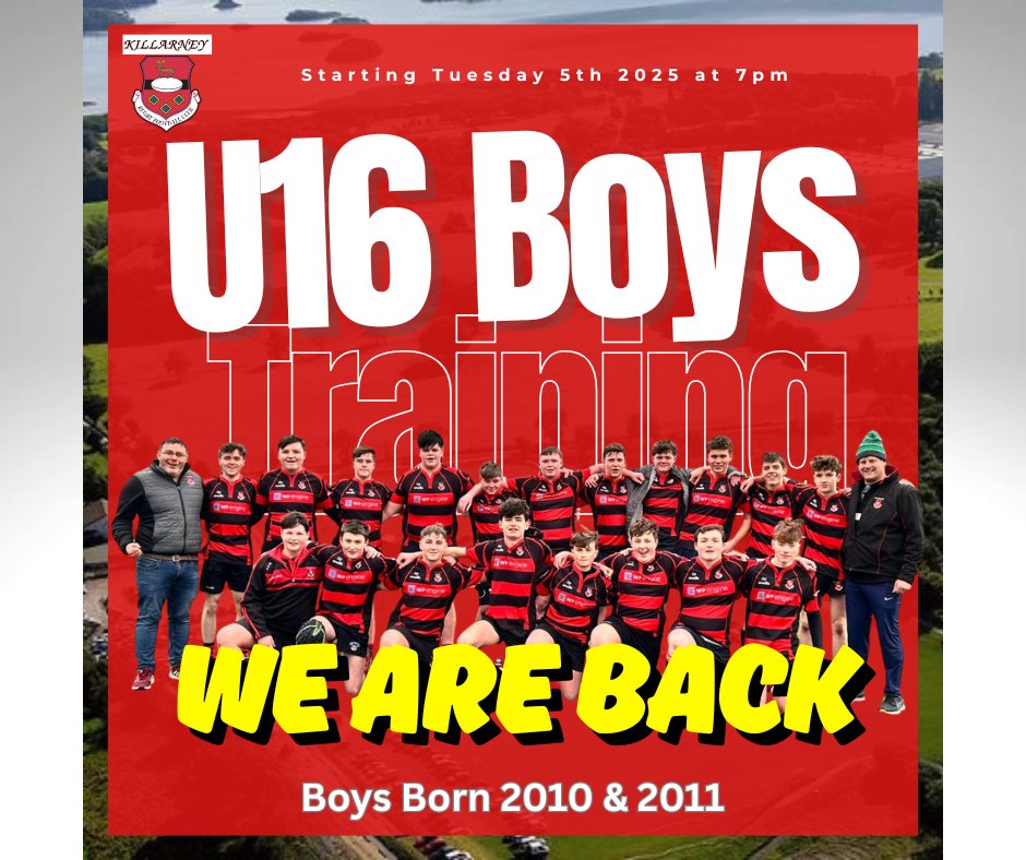 KillarneyRFC's tweet photo. Training for Boys U16s resumes next Tuesday at 7pm at Killarney RFC. Sessions will take place every Tuesday and Thursday at 7pm. Boys born in 2010 and 2011 – if returning player or trying rugby for the first time, new players are always welcome! #KillarneyRFC #blackandredarmy https://t.co/jv8JFbzc2O