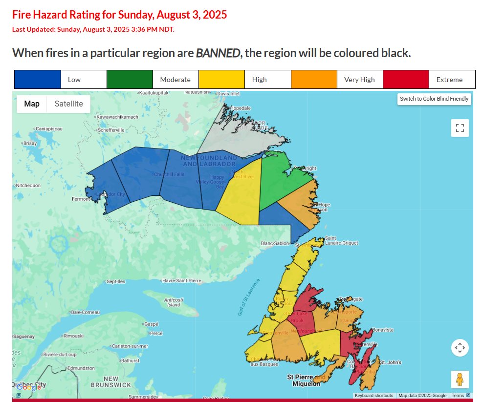 ⚠️Sunday, Aug. 3: The Fire Hazard Rating is HIGH, VERY HIGH or EXTREME in many areas of the province. Burn permits are suspended in these areas. Open fires are prohibited where the rating is VERY HIGH or EXTREME. Check gov.nl.ca/fireratings for details. #GovNL #FireSMart #nlwx