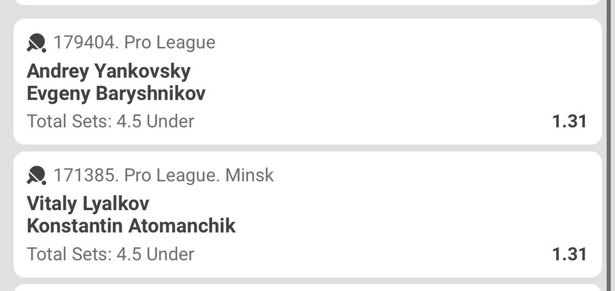 Odds : 👉3.613
Table Tennis 🏓 
Mwaga Repost -Code ipo chini .

✅Andrey Yankovsky vs Evgeny Baryshnikov
Total Sets 4.5 Under, Odds: 1.31

✅Vitaly Lyalov vs Konstantin Atomanchik
Total Sets 4.5 Under, Odds: 1.31

✅Alexander Volsky vs Alexey Kulesh
Total Sets 4.5 Under, Odds: