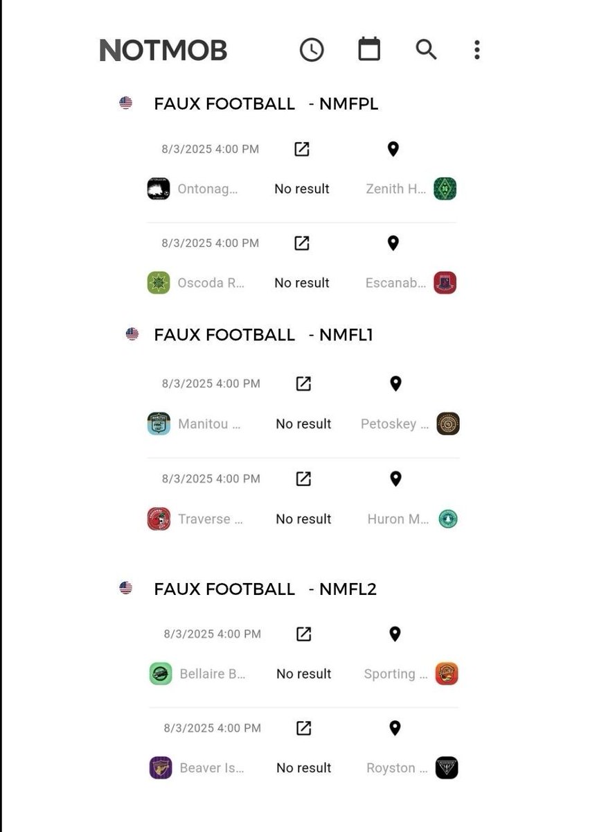 NMFFLsoccer's tweet photo. The 4pm games are here.
NMFPL
Ontonagon Porkies vs Zenith Houghton
Oscoda Rising vs Escanaba RedBucks
NMFL1
Manitou United vs Petoskey Stones
Traverse City vs Huron Mountain
NMFL2
Bellaire Bombers vs Summer Island
Beaver Island vs Royston Lightning
#Fauxpro #supportfakesoccer https://t.co/LfXFqHddXA