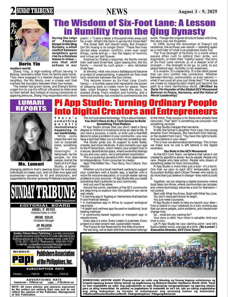 jojo102102's tweet photo. 💫💫💫PI NETWORK NEWS: Introduction to Three Notable Articles Published in Sunday Tribune Issue 1 (August 3-9, 2025): The GCV Movement and Pi Network

The Sunday Tribune Issue 1, published from August 3 to August 9, 2025, featured three insightful and inspiring articles about the **Global Consensus Value (GCV) movement and the development of the Pi Network—a pioneering cryptocurrency ecosystem shaping the future of the digital economy. Below is a summary of these three remarkable articles, available at: [Sunday Tribune Issue 1](https://t.co/3GC9QWxCp5).

 💫1. The Wisdom of Six-Foot Lane: A Lesson in Humility from the Qing Dynasty
By Doris Yin, Founder of the Global GCV Movement

This article recounts the meaningful story of Six-Foot Lane (Liễu Trì Hương) during the Qing Dynasty, where official Zhang Ying resolved a boundary dispute between his family and their neighbors with a humble poem, advocating for compromise. Instead of using his authority, he chose to step back three feet, prompting both families to do the same, creating a peaceful six-foot-wide lane. This story, praised by Emperor Kangxi, became a symbol of the power of humility and harmony.  

Doris Yin connects this lesson to the modern world, emphasizing that in times of conflict and competition, yielding can pave the way for peace and connection. The article calls for applying this spirit within the GCV and Pi Network communities, where collaboration and ethical values form the foundation for a sustainable digital economy.  

 💫💫2. Pi App Studio: Turning Ordinary People into Digital Creators and Entrepreneurs
By Lumari, Executive Director, GCV Core Team

This article introduces Pi App Studio, a revolutionary platform within the Pi Network ecosystem that enables users, even without advanced technical knowledge, to create their own apps using artificial intelligence (AI) and the Pi blockchain. It empowers everyone—from farmers and teachers to youth—to build applications that reflect their community’s culture, needs, and mission.  

Pi App Studio is more than a technical tool; it symbolizes the democratization of technology, allowing users from Laos, the Philippines, Africa, and beyond to turn ideas into reality. The article highlights GCV’s role in encouraging creators and community leaders to use this platform to build a fair digital economy where value is created by people.  

💫💫💫3. The Definitive Guide to a Global Movement: Unveiling Doris Yin’s GCV Book for Pi Network Pioneers  
By Mr. JoJo, Assistant Executive Director, Global GCV Core Team  

This article announces the release of “GLOBAL VALUE CONSENSUS ARTICLES $314,159 – GUIDEBOOK” by Doris Yin, a vital handbook for the GCV movement and Pi Network. Featuring over 106 articles from 2023 to 2025, the book addresses key questions about Pi’s value (1 Pi = $314,159 USD), the roadmap to Open Mainnet, and building trust in the ecosystem. Translated into over 40 languages, it serves as a global educational resource, inspiring summits, barter fairs, and GCV training programs worldwide.  

The book is not just a source of knowledge but a call to action, urging pioneers, educators, and entrepreneurs to contribute to a sustainable, transparent, and community-driven Pi economy.  

Shared Vision of the Three Articles  
All three articles underscore the core values of GCV and Pi Network: humility, creativity, and unity. From a historical lesson in harmony to a tool for democratizing technology and a strategic guide for the future, these articles inspire the global community to build a fair and sustainable digital ecosystem. To read the full articles, visit [Sunday Tribune Issue 1](https://t.co/3GC9QWxCp5).  

Let’s spread the spirit of GCV and bring Pi Network closer to the future!💫💫💫
----------------------
🥰 P.S.: The global GCV core team encourages pioneers around the world to unite and build a strong digital future based on fairness and community consensus. Let's move forward together—together and strong!
📢 Join the global Pi movement on Telegram: https://t.co/37kYLHWyri
---------------------
👉 Like, share, and comment to show your support for GCV and help spread the GCV movement globally! 🥰
@PiCoreTeam @dorisyincpa @lurima_pi @NoncePadja @JasonWong_Pi @mousaviradmajid @oliverndati @Kamraniyan @lnfsliyong @unnvictor @AbiolaCherif @HerineMako37549 @almoheb100100 @Lowcupking @dannierche80682 @Xichen164652 @kaserekatresor1 @rameshb_shetty @hoda4481 @ange_expedit @spirituelegitmn @ugurkadifeci @ArtSolival @SiourySamer