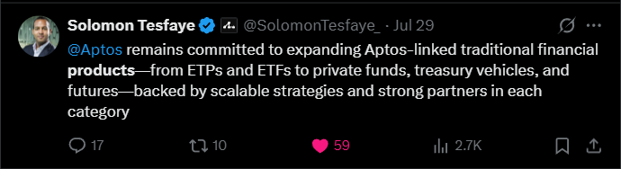 Kantian (@kantianum) on Twitter photo New Chief Business Officer at Aptos Labs, <a href="/SolomonTesfaye_/">Solomon Tesfaye</a>, has been hinting at some big alpha for Aptos lately.
Pay attention.
Connect the dots ._._._._._._. New Chief Business Officer at Aptos Labs, <a href="/SolomonTesfaye_/">Solomon Tesfaye</a>, has been hinting at some big alpha for Aptos lately.
Pay attention.
Connect the dots ._._._._._._.