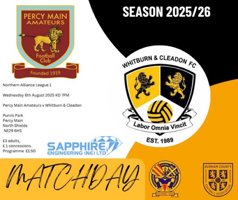 Whitburn & Cleadon FC (@fcwhitburn) on Twitter photo NEXT UP
On Wednesday evening we travel to Purvis Park to play <a href="/PercyMainAFC/">Percy Main AFC</a> in the <a href="/nfalliance1890/">Northern Football Alliance</a> .
Kick off 7 pm
Adults £3
Concession £1
Programmes £1.50
All support is very welcome 🟡⚫️ NEXT UP
On Wednesday evening we travel to Purvis Park to play <a href="/PercyMainAFC/">Percy Main AFC</a> in the <a href="/nfalliance1890/">Northern Football Alliance</a> .
Kick off 7 pm
Adults £3
Concession £1
Programmes £1.50
All support is very welcome 🟡⚫️