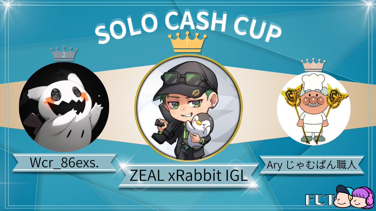 ＼⚡SOLO CASH CUP⚡／  

🥇ZEAL xRabbit IGL
🥈Wcr_86exs.
🥉Ary じゃむぱん職人

おめでとうございます🎉