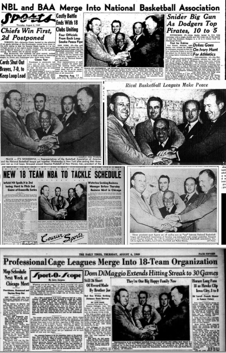 LeoFerrisNBA's tweet image. 76 yrs ago today #NBA was born.  Representatives of the National Basketball League &amp;amp; Basketball Association of America, shake hands after agreeing to a merger of the two circuits to be known as the National Basketball Association on Aug. 3, 1949, in NYC. #HappyTrueBirthdayNBA