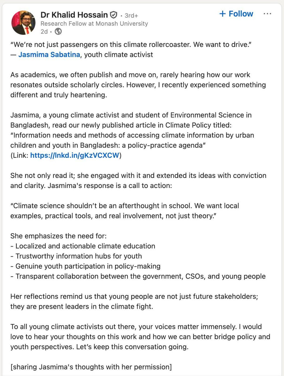 JasmimaSab87705's tweet photo. "We’re not just passengers on this climate rollercoaster. We want to drive." — @JasmimaSabatina!!
I read a newly published research paper titled “Information needs and methods of accessing climate information by urban children and youth in Bangladesh: a policy-practice agenda. https://t.co/XZzpEULfrS