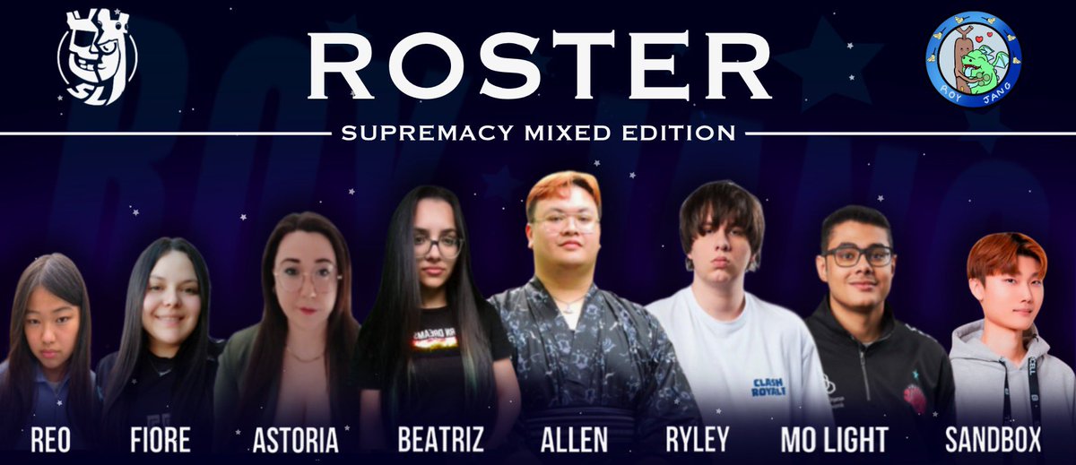Roy Jang eSports (@royjangesports) on Twitter photo 🐣🐲Supremacy Mixed Edition🐲🐣
Presenting our roster for the first edition of <a href="/CR_Supremacy/">Supremacy League</a> Mixed!
🇨🇦 <a href="/RyIey42/">RyIey</a>
🇰🇷 <a href="/sandboxcr_/">SandBox</a>
🇪🇬 <a href="/MohamedLightCr1/">Mohamed Light</a>
🇺🇸 <a href="/Panda4Realss/">Allen</a>
🇨🇷 <a href="/CascanteBea/">Beatriz 라바</a>
🇮🇹 <a href="/AstoriaE94/">Astoria</a>
🇨🇳 <a href="/reo4083/">reo✨</a>
🇦🇷 <a href="/FioreGiraudo/">🌺 •𝙵𝙸𝙾𝚁𝙴𝙲𝙸𝚃𝙰• 🌺</a> 🐣🐲Supremacy Mixed Edition🐲🐣
Presenting our roster for the first edition of <a href="/CR_Supremacy/">Supremacy League</a> Mixed!
🇨🇦 <a href="/RyIey42/">RyIey</a>
🇰🇷 <a href="/sandboxcr_/">SandBox</a>
🇪🇬 <a href="/MohamedLightCr1/">Mohamed Light</a>
🇺🇸 <a href="/Panda4Realss/">Allen</a>
🇨🇷 <a href="/CascanteBea/">Beatriz 라바</a>
🇮🇹 <a href="/AstoriaE94/">Astoria</a>
🇨🇳 <a href="/reo4083/">reo✨</a>
🇦🇷 <a href="/FioreGiraudo/">🌺 •𝙵𝙸𝙾𝚁𝙴𝙲𝙸𝚃𝙰• 🌺</a>