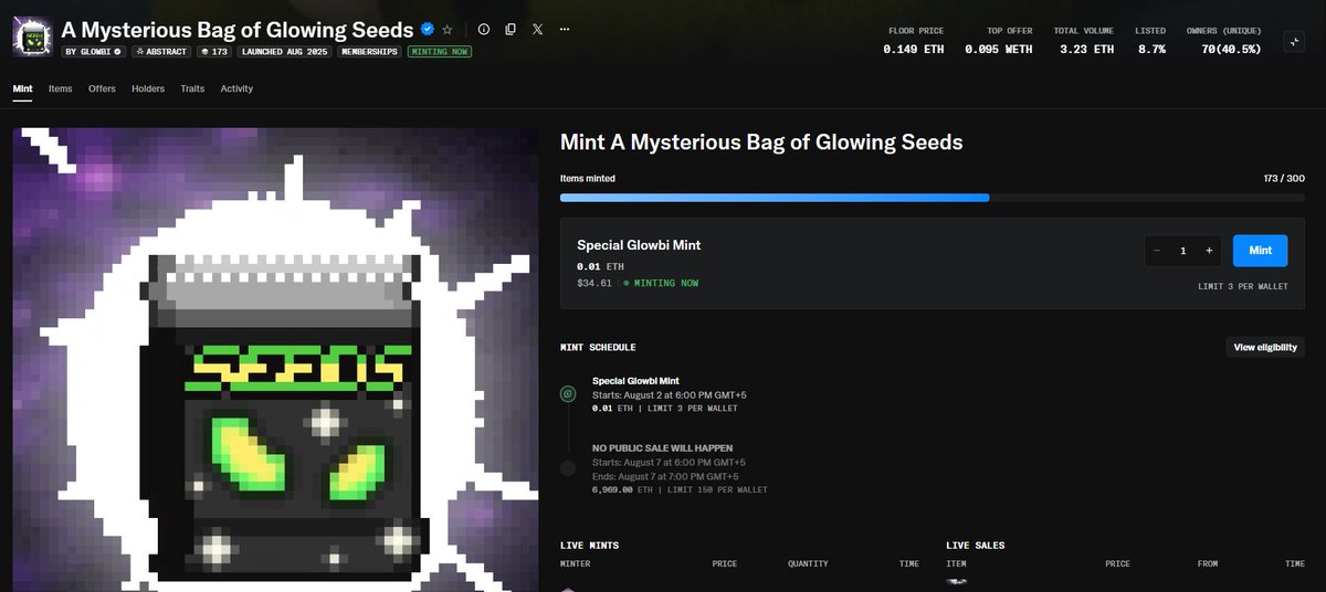 ImHaris24's tweet photo. Didn’t come for the hype.
Just here to plant seeds. Quietly, intentionally...

A project called @GlowbiAbstract  is doing exactly that.. 🧵

They quietly launched a collection called “A Mysterious Bag of Glowing Seeds.” No loud whitelist mechanics, no public phase. Just a soft 0.01 ETH Mint Price for those already paying attention.

The pre reveal art? Handled by @bunya_eth and that’s where it gets interesting. It’s got people speculating: is there a connection to Abstractio? Nothing confirmed by the Team, but let’s just say... it wouldn’t be surprising.

But Glowbi isn’t stopping with this 300 Piece drop. On August 16, they’re dropping a 3333 Supply Collection of pixelated NFTs called Glowbuds.

Mint price? Just 0.005 ETH, FCFS.

And here’s the thing... For weeks now, we’ve been hearing that August is @AbstractChain  month. More projects, More eyes, More growth on the Green chain.
So maybe... just maybe... @GlowbiAbstract  is the first brick in that structure.

The @opensea  partnership, the timing, the approach... it’s all quiet, but intentional.

This isn’t a call to ape.
It’s a whisper to start watering early and to know what they are growing. 🌱