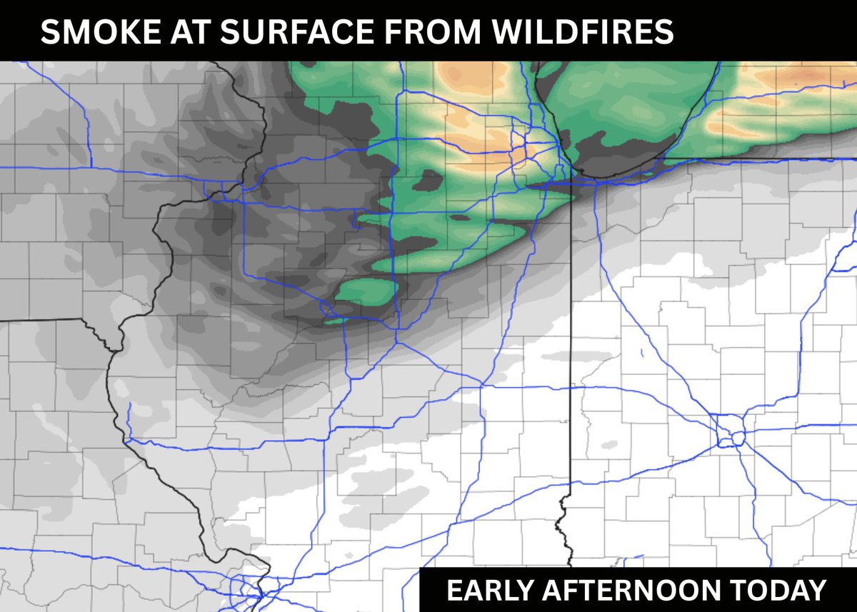 Air quality alert continues as smoke from Canadian wildfires looms over a large portion of the Midwest and eastern half of the United States. Satellite imagery clearly shows the hazy smoky skies over our area and models indicating now through mid afternoon will be the highest