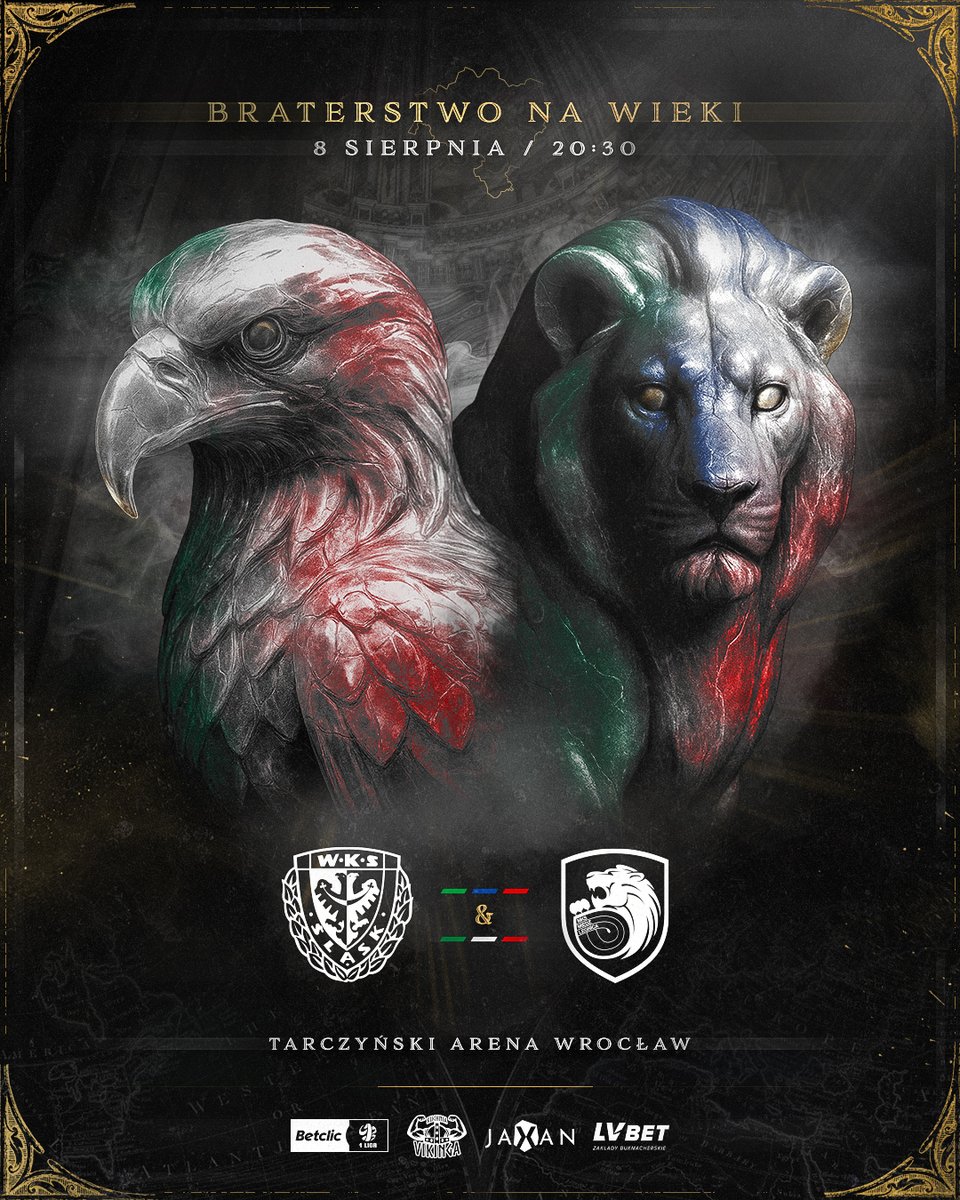 SlaskWroclawPl's tweet photo. 𝐁𝐫𝐚𝐭𝐞𝐫𝐬𝐭𝐰𝐨 𝐧𝐚 𝐰𝐢𝐞𝐤𝐢. 

Na trybunach przyjaźń, na boisku walka. Piątek, 8 sierpnia, godzina 20:30. Do zobaczenia na @TarczynskiArena.  

🎫 𝗕𝗜𝗟𝗘𝗧𝗬 #ŚLĄMIE ➡️ https://t.co/IhNV6hD0oc https://t.co/clXhGwBsq1