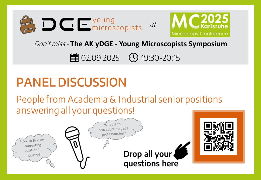 🎤 Join our yDGE Career Panel at #MC2025 Karlsruhe!
📅 Tue 02.09 | 🕢 19:30 | 📍Conf. Room 8/9
Ask senior microscopists in academia &amp; industry your toughest career questions!
👇Submit your Qs now:
bit.ly/mc2025ydgecare…
#YoungMicroscopists #yDGE #STEMcareers #microscopy