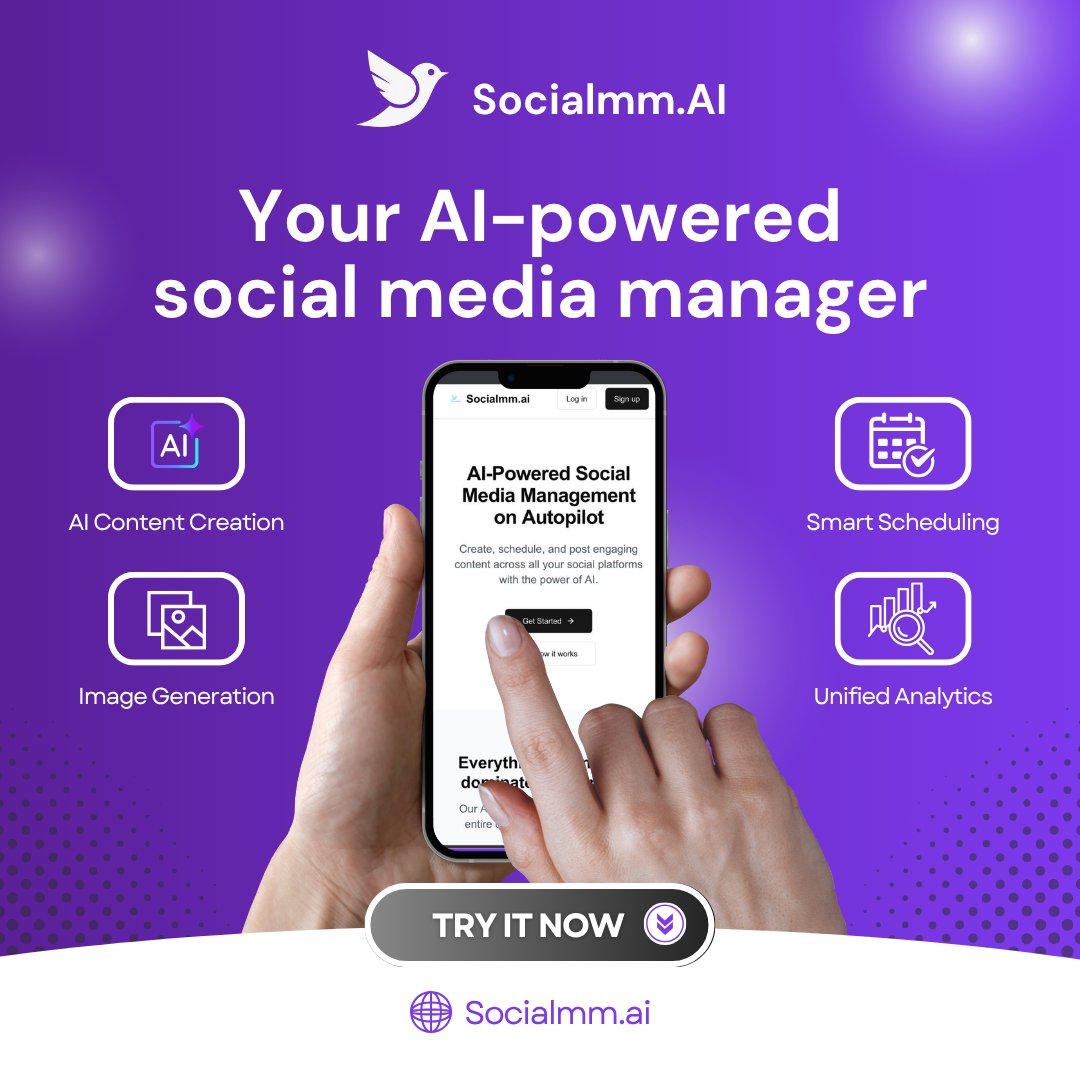 SMMai_Global's tweet image. You wear every hat. Content creator, scheduler, analyst... 🥱
It’s time to make your life easier.
✨ Socialmm.AI gives you:
 – AI-generated content
 – Image creation
 – Smart scheduling
 – Unified analytics
#socialmediatool #schedulingtool #contentgenerator