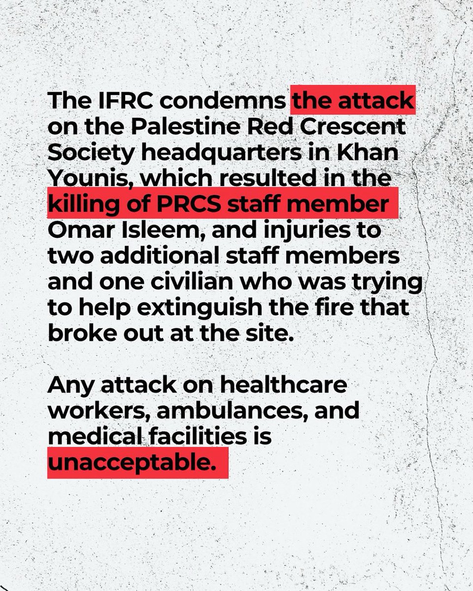 We mourn the loss of Omar Isleem, a <a href="/PalestineRCS/">PRCS</a> staff member who was killed while on duty at the PRCS headquarters in Khan Younis. Two other staff members and one civilian were also injured in the attack.

We reiterate our calls: 
🔴 Civilians must be protected. 
🔴