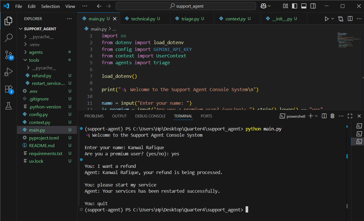 Kanwal_Rafiqe57's tweet photo. 🚀 Built a Support Agent Console System in Python!
✅ Smart triage
✅ Billing &amp; tech support
✅ Gemini API-ready
Just type, and the agent replies! 💬
@0xAsharib 
#Python #AI #SupportBot #GIAIC #CodingJourney https://t.co/iGSo8ieTt1