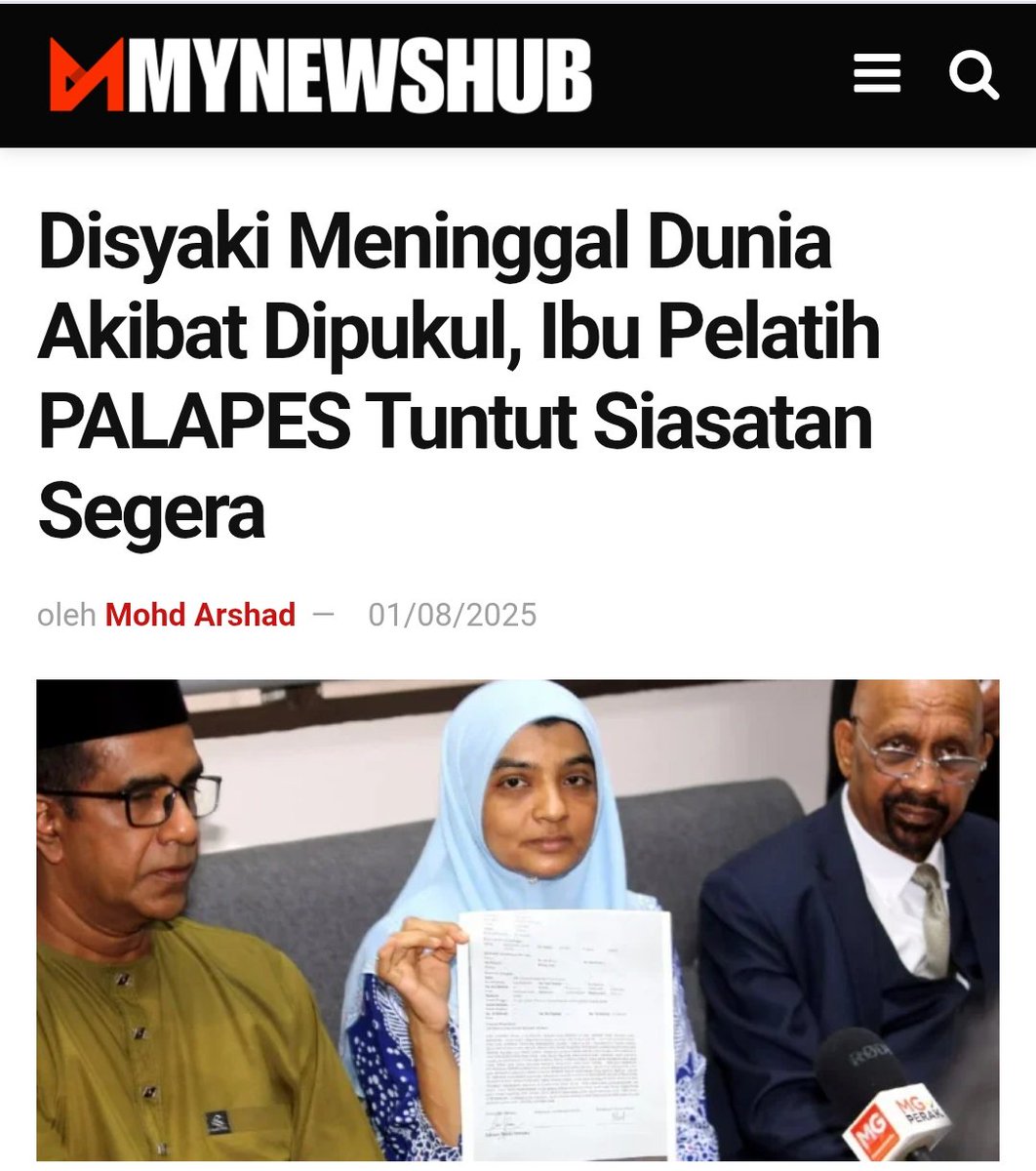 mynewshub's tweet photo. Budak sebaik ni pun kalau benar ada yang buli sampai meninggal...tak tahu nak cakap betapa buruk dan hinanya jiwa sepembuli tu.....

Rumusan Kejadian Kematian Pelatih PALAPES UTM:

Syamsul Haris Shamsudin, 22, seorang pelatih PALAPES UTM Skudai dan pelajar Ijazah Sarjana Muda Sekuriti Siber, meninggal dunia pada Isnin lalu ketika menjalani latihan di Pulada, Johor.

Ibunya, Ummu Haiman Bee Daulatgun, mempersoalkan punca kematian yang dilaporkan sebagai sawan, selepas mendapati kecederaan teruk seperti lebam, luka, dan pendarahan pada tubuh anaknya semasa bedah siasat. 

Beliau mengesyaki anaknya dipukul atau dibunuh dan telah membuat laporan polis bagi menuntut siasatan terperinci. 

Kes kini diklasifikasikan sebagai “pending laboratory investigation”, sementara menunggu keputusan makmal dalam tempoh tiga bulan. 

Jenazah telah dikebumikan di Semenyih, Selangor. - MYNEWSHUB