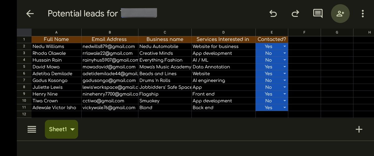 Tolú Lọpẹ́ 🌸🌹 (@thevagirll) on Twitter photo I won't miss putting this out here.😁
I got a data in WhatsApp conversation screenshots, and yeah, I organized it in Google sheet. They are now easy to track and follow up.✅
Ps: These are not real details. I won't show my clients' details anywhere - confidentiality.<a href="/AlabaUmar_/">The VA babe🎀</a> I won't miss putting this out here.😁
I got a data in WhatsApp conversation screenshots, and yeah, I organized it in Google sheet. They are now easy to track and follow up.✅
Ps: These are not real details. I won't show my clients' details anywhere - confidentiality.<a href="/AlabaUmar_/">The VA babe🎀</a>
