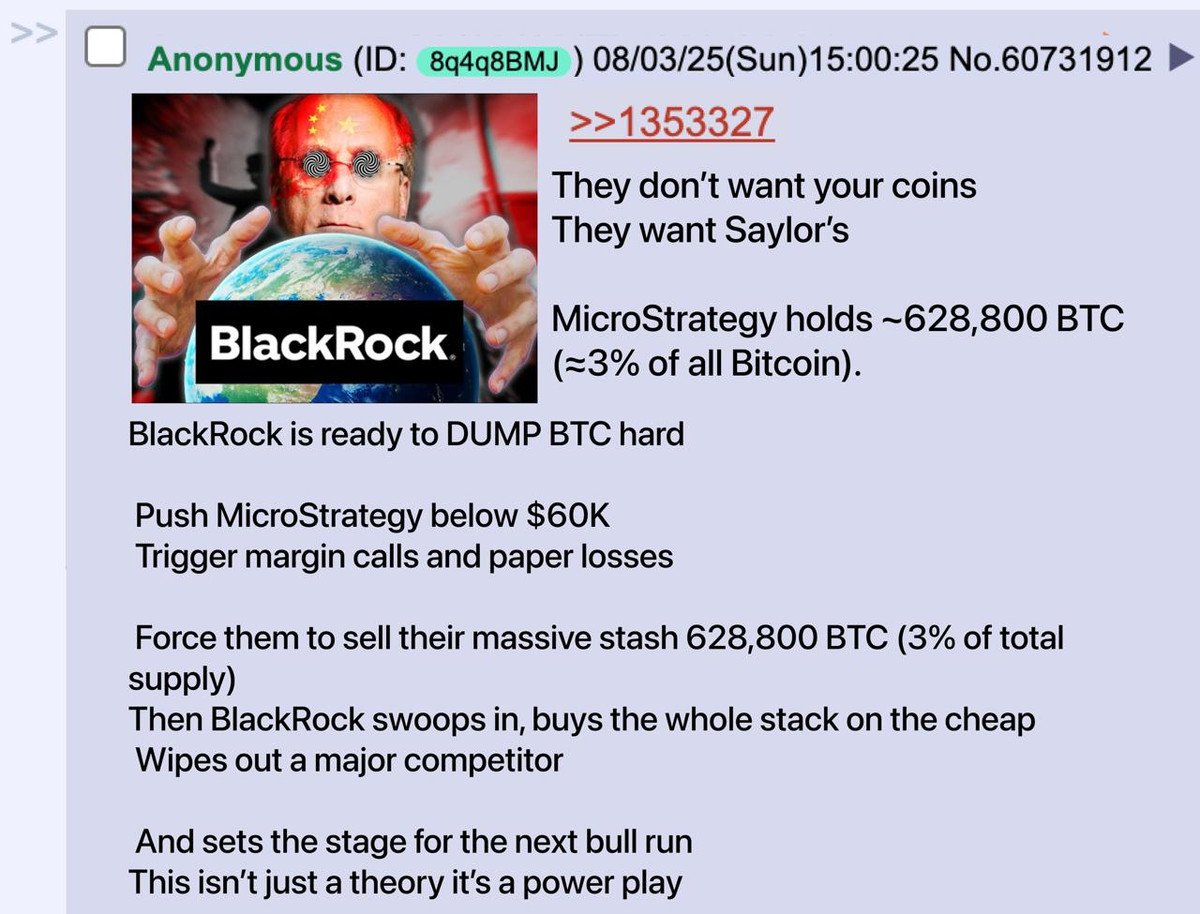 🚨 BlackRock will dump $BTC to buy MicroStrategy

It sounds like a joke but the numbers say otherwise

I saw a post from a fired BlackRock employee on 4chan

Here’s what’s happening and the full BlackRock playbook👇🧵