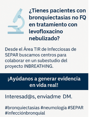 biosani's tweet photo. 📢 Últimos días para incluir pacientes con bronquiectasias no FQ en tratamiento con levofloxacino nebulizado en el subestudio del proyecto #INBREATHING.
Si estás interesado, escríbeme cuanto antes. ¡Cerramos base en breve!
@SeparRespira #levofloxacino #bq https://t.co/GgbArzKass