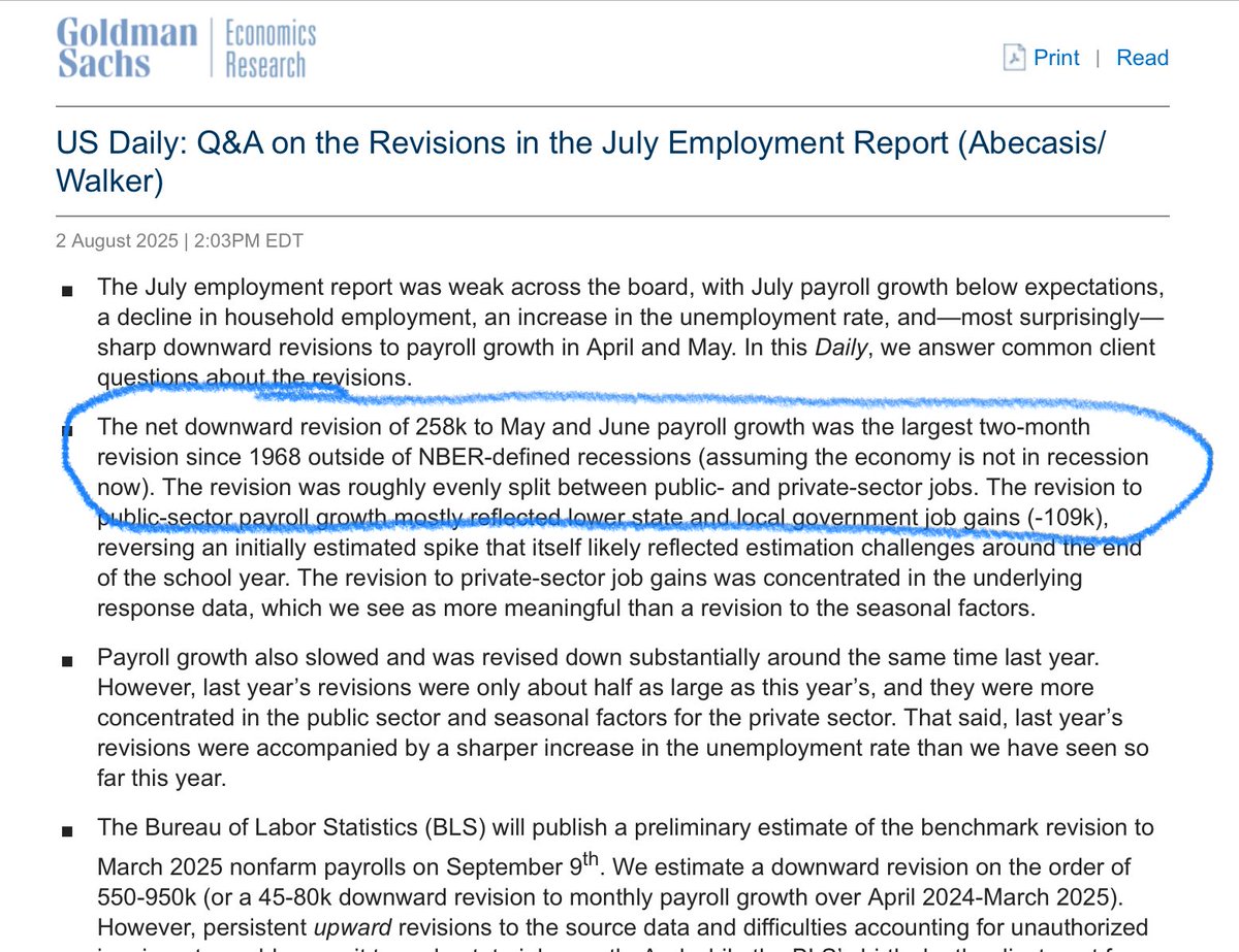 Goldman Sachs notes that the recent 2 month job revisions were the largest outside recessionary times since … 1968.

Goldman expects more large revisions next month.