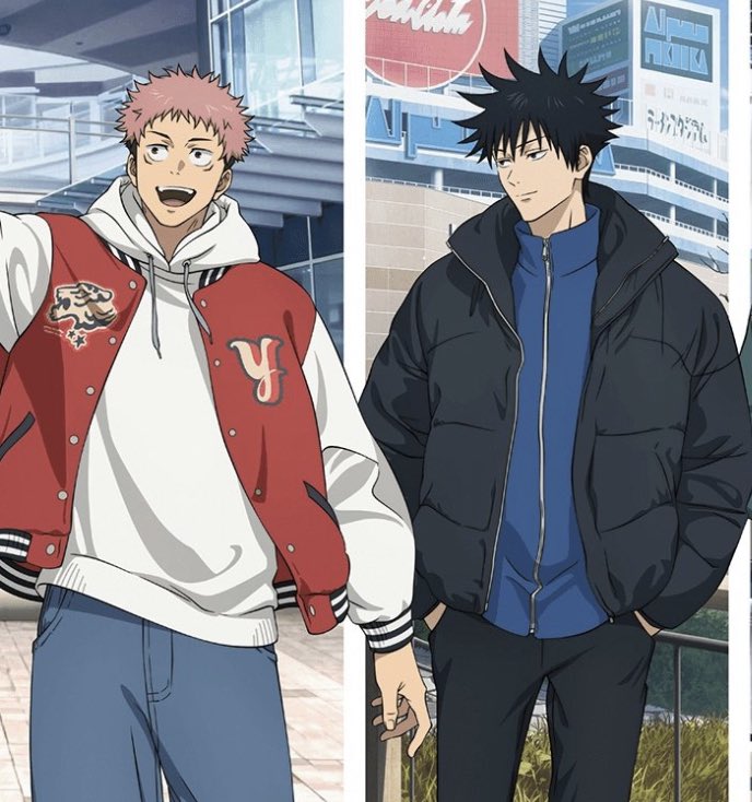 illeare's tweet photo. i cant express how good yuuji’s fit is: blue baggy jeans, megumi’s eyes, red varsity jacket with tiger and the y… awww hes a model https://t.co/K9sEnievxA