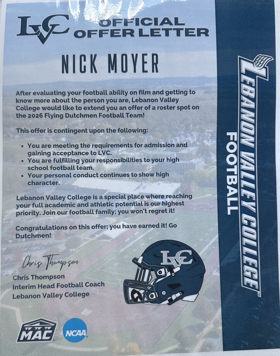 Nick Moyer (@moyer874319) on Twitter photo After a great conversation with Coach Thompson, Iβm grateful to have received my first offer from Lebanon Valley College.
<a href="/LVCFootball/">LVC Football</a> <a href="/CoachThompsonCT/">Chris Thompson (Coach T)</a> <a href="/SVPantherFB/">Schuylkill Valley High School Football</a> After a great conversation with Coach Thompson, Iβm grateful to have received my first offer from Lebanon Valley College.
<a href="/LVCFootball/">LVC Football</a> <a href="/CoachThompsonCT/">Chris Thompson (Coach T)</a> <a href="/SVPantherFB/">Schuylkill Valley High School Football</a>