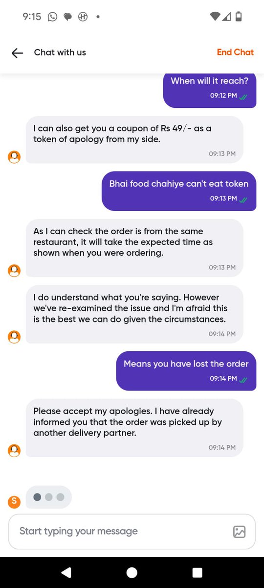 Bad service experience from <a href="/Swiggy/">Swiggy</a> .. after waiting 2 hrs , phone call says calling from unregistered number, customer care agent on chat says food picked by some other agent but can place other for me .. seems a big mess up in operations by <a href="/Swiggy/">Swiggy</a> .. #spoiledmysunday ..