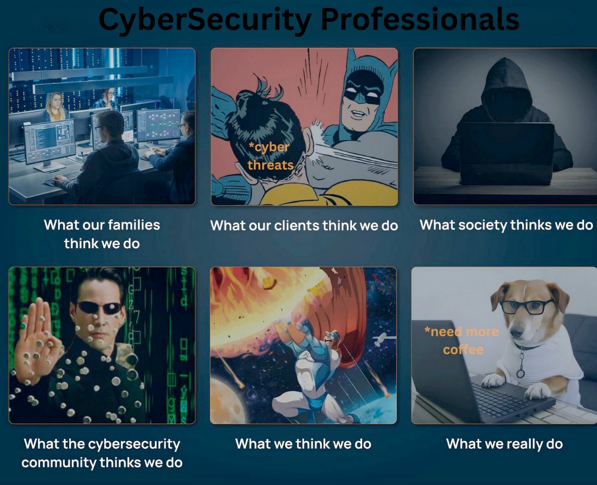 Everyone has a version of what we do in cybersecurity...
 But in reality? It's mostly caffeine, chaos, and constant vigilance. ☕💻
hashtag#CyberSecurity hashtag#SOC hashtag#BlueTeam hashtag#ACyberGuru