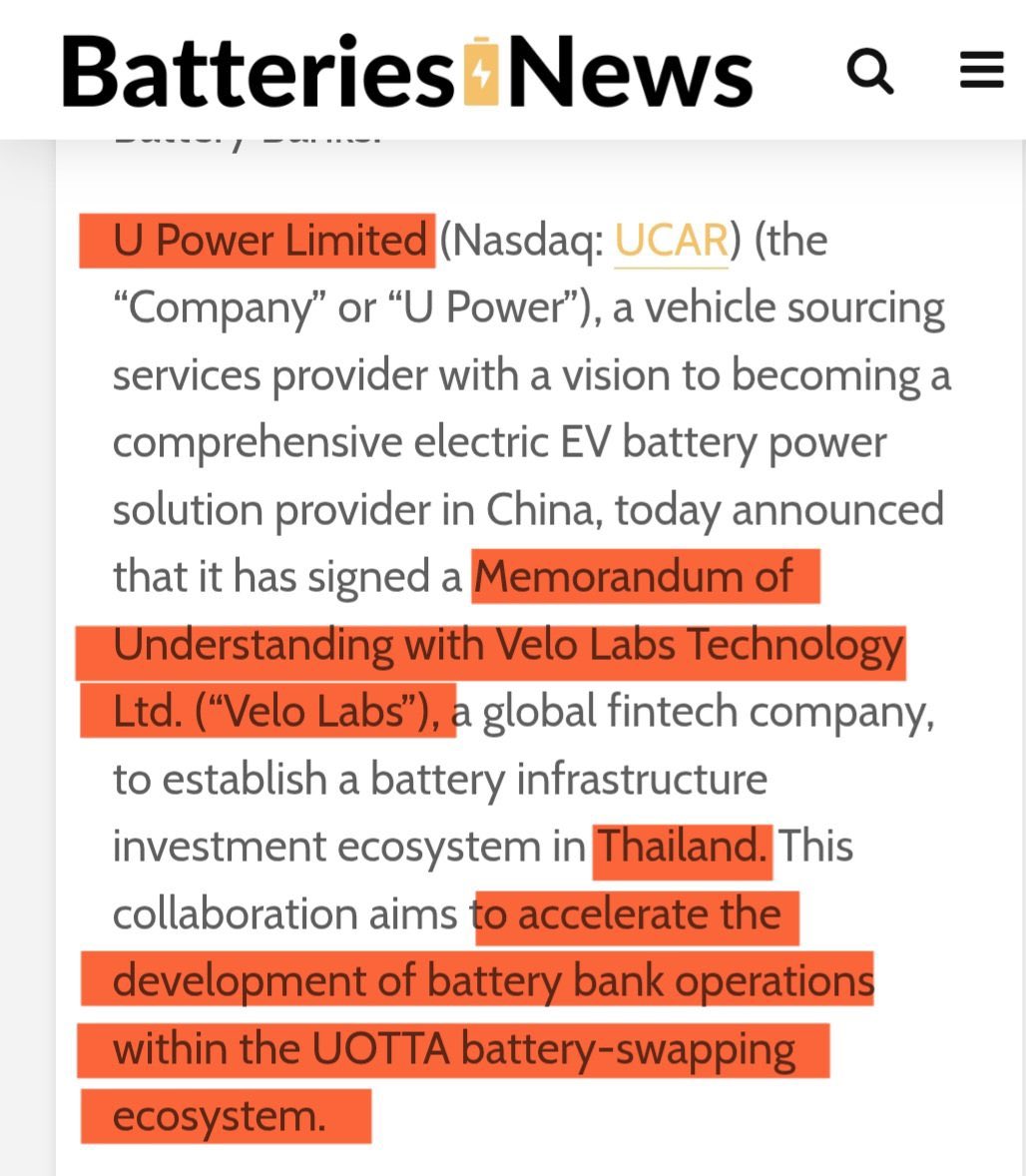ChartNerrdTA's tweet image. (Image 1) August 2024: $VELO and UPower MoU to establish devlopements of battery bank operation within the &quot;UOTTA&quot; battery swapping ecosystem.

(Image 2) August 2025: UPower inaguarated SEA&apos;s first battery swapping station in Phuket 🇹🇭 where they showcased &quot;UOTTA&quot; technology ⚡️