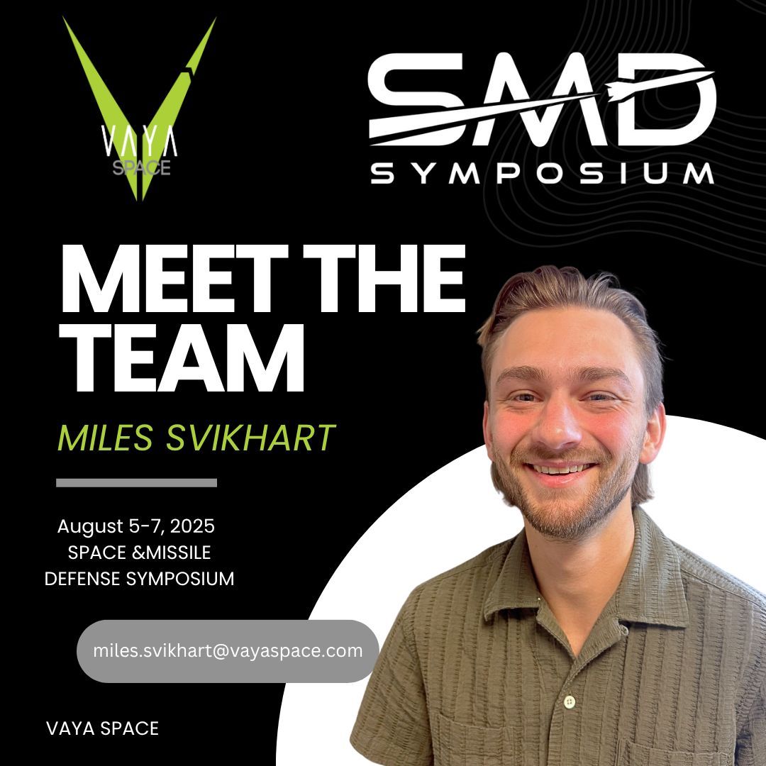 Miles Svikhart, Defense Propulsion Lead Engineer at Vaya Space, will be attending the Space &amp; Missile Defense Symposium.

📍 Huntsville, AL | August 6–8
#SMDSymposium #HybridPropulsion #DefenseTech #MissileSystems #VayaSpace